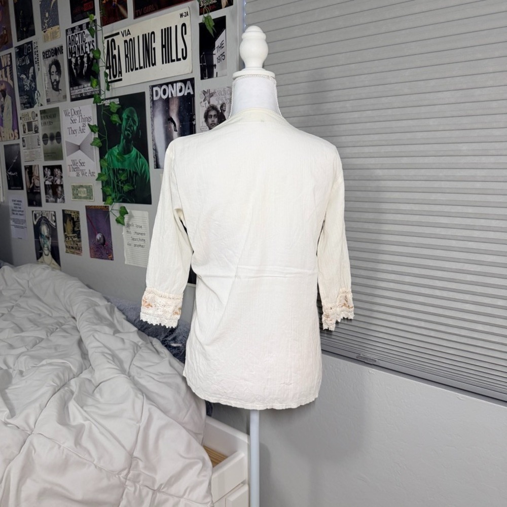 Boho Embroidered Peasant Blouse Cream Cotton Gauze Top Cottagecore - Picture 4 of 8